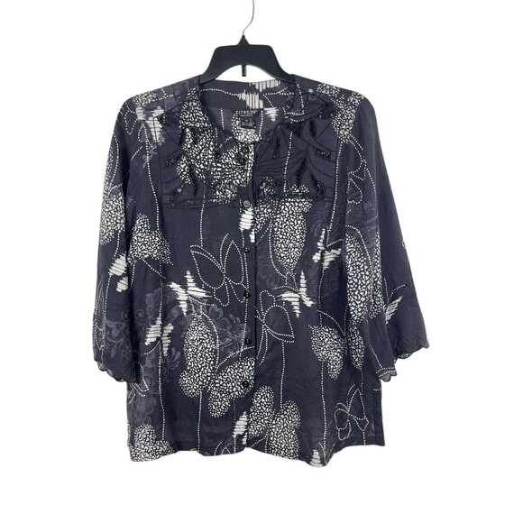 Citron Santa Monica 1X Black White Butterfly Floral Top Button Bamboo Blend READ - Picture 1 of 13